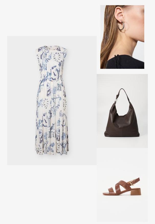 Λευκό midi φόρεμα χωρίς μανίκια με μπλε floral και αφαιρετικό σχέδιο, στρογγυλή λαιμόκοψη και υφασμάτινη ζώνη στη μέση.; Καφέ δερμάτινα σανδάλια με τακούνι που διαθέτουν σχεδιασμό με σταυρωτό λουράκι και πόρπη κλεισίματος, με χοντρό τακούνι και λεία, υφή με υφή.; Zign by Zalando LEATHER - Τσάντα Tote - chocolate brown; Ασημένιο σκουλαρίκι κρίκος με γυαλιστερή φινίρισμα, που διαθέτει μικρές χρυσές λεπτομέρειες και στρογγυλό σχήμα, φορεμένο στον λοβό.