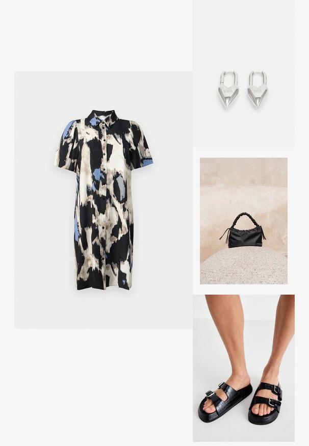 Schwarzes, weißes und blaues, abstraktes Muster Kurzarmhemdkleid mit Knopfleiste und kragenlosen Ausschnitt, aus leichtem Stoff.; Schwarze Sandalen aus Kunstleder mit Krokodil-Prägung und zwei verstellbaren Schnallen. Dicke Sohle und offenes Design. Texturierte Oberfläche und flache Form.; Schwarze geraffte Handtasche mit einem gesammelten Griff, die auf einer strukturierten Steinkugel vor einem beigen Betonwand-Hintergrund liegt.; Silberne herzförmige Vorhängeschlösser mit eingravierten "JA"- und "NEIN"-Texten, polierte Oberfläche, symmetrisches Design und einem robusten Metallverschluss.