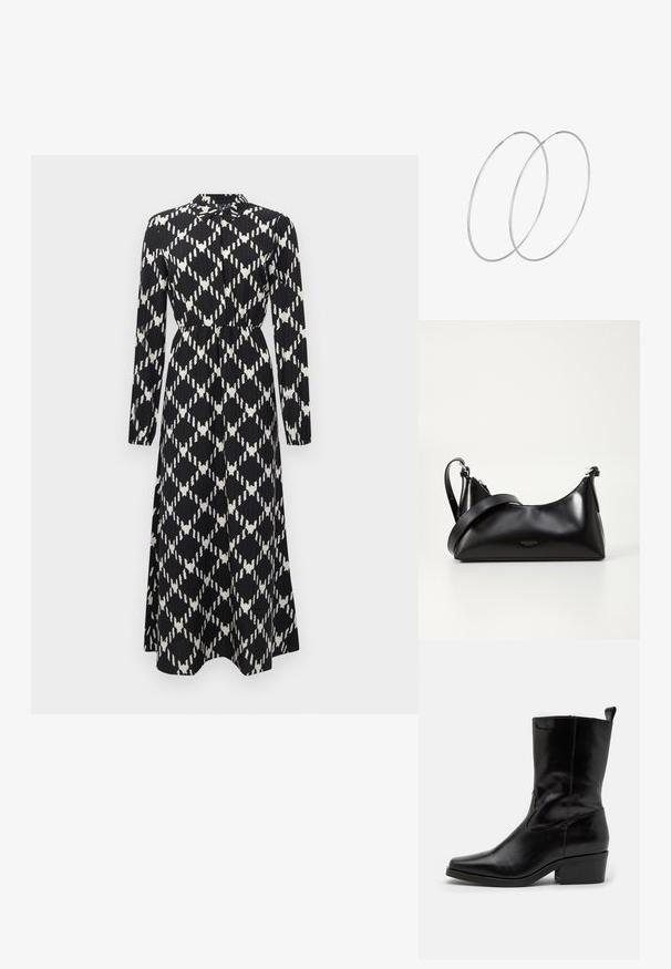Zwart-wit lange mouwen maxi-jurk met geometrisch diamanten patroon, cinched taille en knoopsluiting bij de kraag.; Zwarte leren enklaars met een spitse neus, lage blokhak en gestikte details. Beschikt over zij-elastische panelen voor gemakkelijke instap.; Zwarte leren handtas met een gladde textuur. Beschikt over een verstelbare schouderband en een strak, minimalistisch ontwerp met een ritssluiting.; Zilveren hoepel oorbellen met een minimalistisch ontwerp. Cirkelvormig, gladde textuur en dun profiel. Lichtgewicht met een gepolijste afwerking.