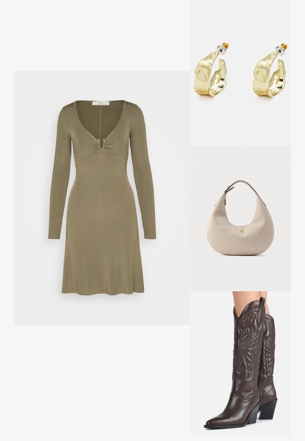 Guess OLIVIA DRESS - Strikkjoler - mossy green; Mørkebrune læder cowboystøvler til knæene med spidse tæer, dekorativ syning og skrå blokhæle, båret af en person.; Beige skuldertaske af læder med en glat tekstur, rundet form og en enkelt sort rem. Har et guldfarvet hardware-detalje.; Guldtonede øreringe formet som abstrakte hænder, med en skinnende overflade, intrikate detaljer og en sølv- og guldfarvet post til sikker fastgørelse.