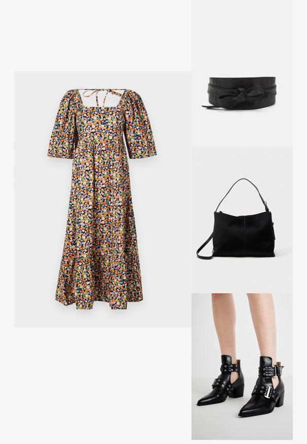 Robe maxi florale avec un décolleté carré, des manches bouffantes et un corsage ajusté. Elle présente un fond noir avec des motifs floraux multicolores.; Bottes à chevilles en cuir noir avec des points de pieds, dotées de quincaillerie à œillets et de deux sangles réglables à boucle. Les talons blocs ajoutent de la stabilité.; Sac à bandoulière noir avec une surface lisse et texturée, doté d'une seule sangle et d'une fermeture éclair en haut. Forme rectangulaire compacte.; Ceinture en cuir noir avec une texture lisse, design à bande large, mettant en avant un accent noué à l'avant et une forme simple et épurée.