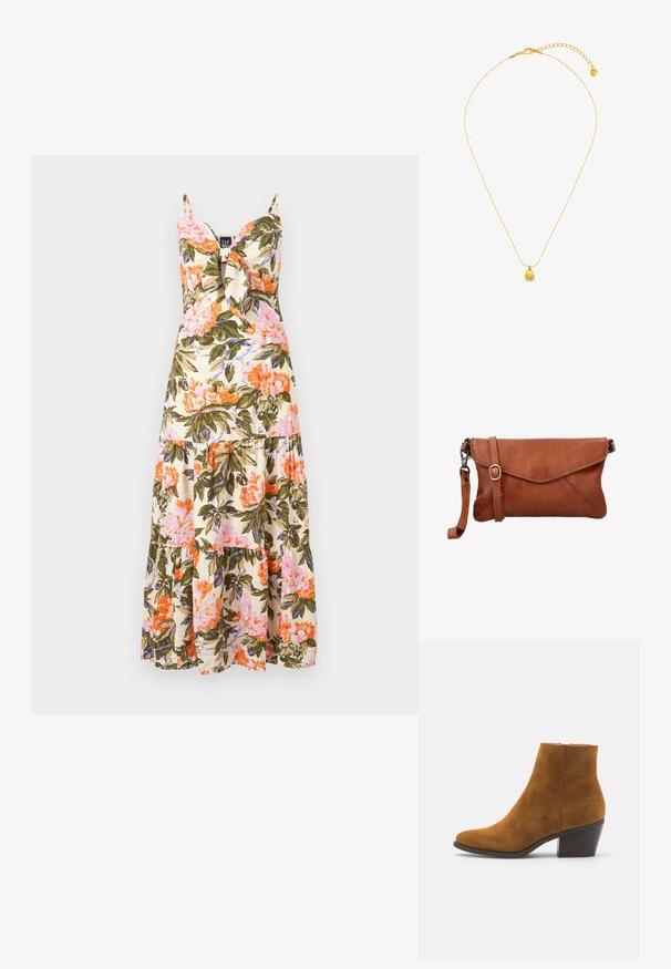 Florale maxi-jurk met spaghettibandjes, crèmekleurige stof met roze, oranje en groene bloemmotieven, en een gelaagde volantzoom.; Bruine suède enkellaars met een spitse neus en een gestapelde hak. Gladde textuur met een zijrits voor de sluiting. Klassiek ontwerp en vorm.; Klein bruin leren polsportemonnee met klep en verstelbare schouderband op een witte achtergrond.; Delicate gouden ketting met een kleine sint-jakobsschelp hanger en verstelbare sluiting met verlengkettingen weergegeven op een witte achtergrond.