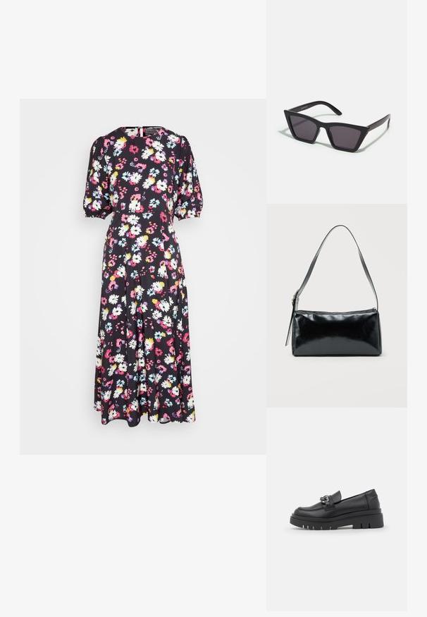 ONLY ONLMELISA LIFE MIDI DRESS - Hverdagskjole - sky captain; Sort loafersko med en kraftig platformsål, glat læderoverdel, dekorativ kædeaccent og let hæl med notched detalje.; Sorte, kantede solbriller med grå linser; lavet af plast, med tykke stænger med en glat overflade og ingen synlig hardware.; Sort rektangulær skuldertaske med en enkelt justerbar rem og lynlås i toppen på en ensfarvet baggrund.