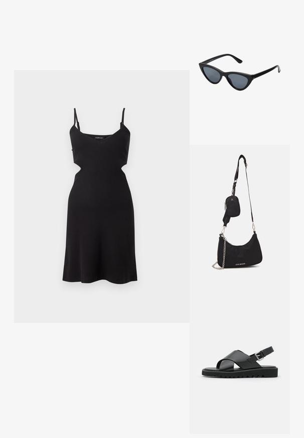 Vestido negro sin mangas con tirantes finos y aberturas laterales, con cuerpo ajustado y falda acampanada.; Sandalias de cuero negras con diseño de tiras cruzadas, hebilla ajustable y suela texturizada con estrías para un mejor agarre.; Gafas de sol negras en forma de ojo de gato con lentes gris oscuro, marco de plástico elegante, esquinas puntiagudas y patillas rectas. Sin herrajes ni acentos visibles.; Bolso de hombro negro de nailon con una forma curvada, acento de cadena plateada, mini bolsa desmontable y correa ajustable; presenta el logo "Steve Madden".