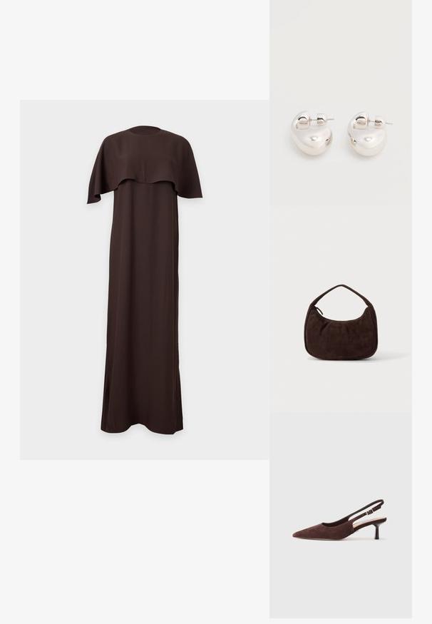 Lang mørkebrun kjole med kort kappe og rund halsudskæring, vist mod en ensartet lys baggrund.; Brune ruskinds slingback sko med spids tå og en slank hæl. Har en justerbar rem med en metalspænde.; Mørkebrun ruskindshåndtaske med kort rem og afrundet rektangulær form på en ensfarvet lys baggrund.; Par af skinnende sølv store øreringe med lukning på bagsiden mod en ensfarvet hvid baggrund.