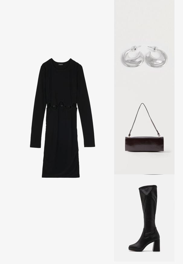Even&Odd by Zalando Jerseykjole - black; Sorte knælange støvler lavet af glat læder, med en kraftig blokhælt og elastiske sideskår for nem påtagning.; Rektangulær sort læderhåndtaske med en enkelt lang rem og blank finish, vist mod en ensfarvet hvid baggrund.; Et par polerede sølv halvmåneformede hoop øreringe med klare plastikbagsider på en hvid overflade.