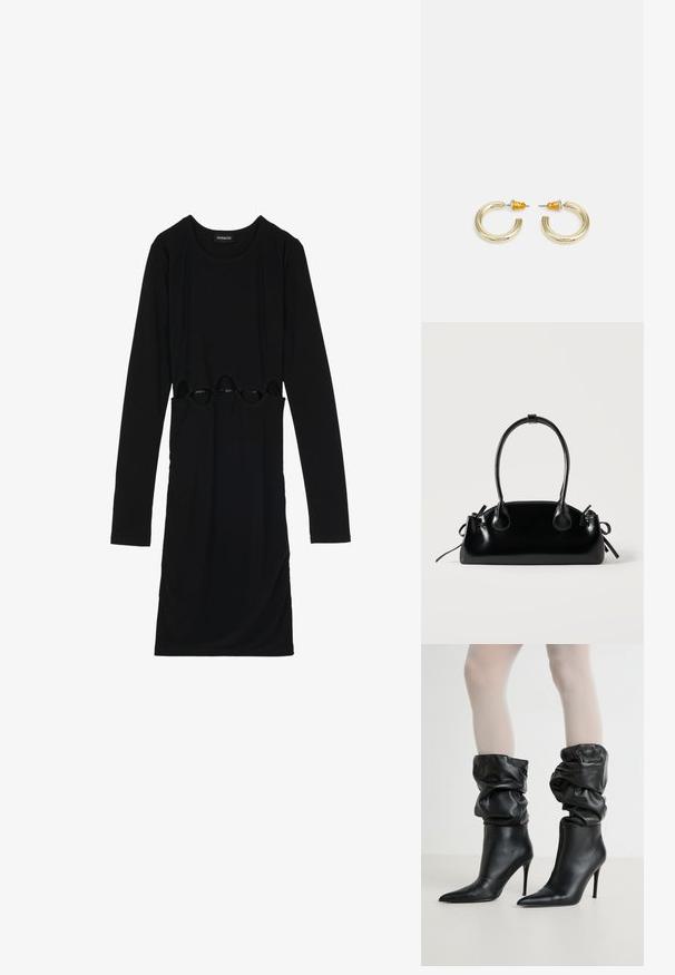 Even&Odd by Zalando Jerseykjole - black; Sorte læderankelstøvler med et afslappet design, spidse tå og højt stilettohæl, med en blød, struktureret finish omkring kanten.; Lille sort blank håndtaske med to lange håndtag og snøre-detaljer i siden på en ensfarvet lys baggrund.; Guldtonede hooop øreringe med en glat, rund form og en poleret finish. Har orange detaljer på bagsiden for sikker fastgørelse.