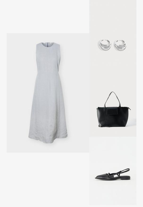 Robe sans manches en lin gris clair avec col rond, taille cintrée et jupe midi évasée, avec une fermeture éclair dans le dos.; Chaussure noire en cuir à bride arrière avec un bout pointu, un petit Talon, un design ajouré et un détail décoratif de boucle circulaire.; Sac cabas en cuir noir avec deux poignées, une bandoulière amovible, une fermeture à rabat magnétique et une texture lisse. Fermeture supérieure zippée et surpiqûres décoratives.; Paire de boucles d'oreilles anneaux en argent poli avec un design de barre incurvée superposée sur un fond clair uni.