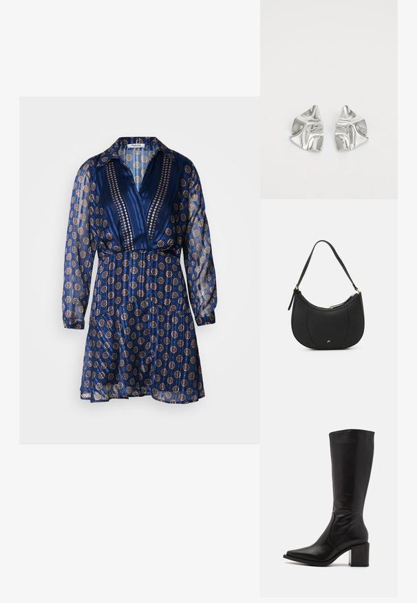 Navyblå kjole med krave, lange ærmer og udvidet skirt. Har gyldne cirkulære mønstre og lodrette striber. Gennemsigtig tekstur.; Zign by Zalando LEATHER - Høje støvler/ Støvler - black; Sort læderhåndtaske med en buet form, struktureret overflade, forreste syninger og et logo i guldfarve. Har en enkelt justerbar rem.; Sølvmetal øreringe med et bølgende, skulpturelt design, der har en poleret overflade og uregelmæssige former, hvilket fremhæver en moderne æstetik.