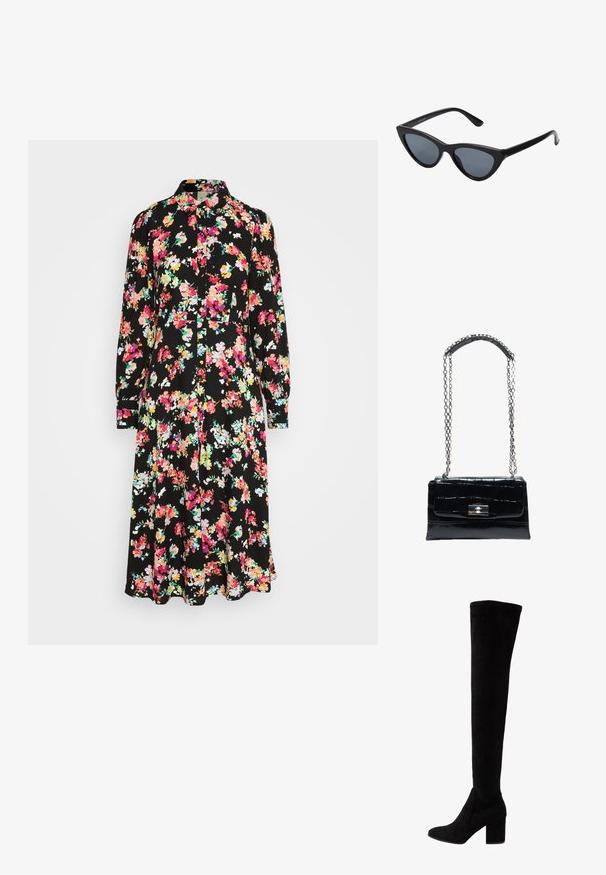YAS YASALOMA MIDI SHIRT DRESS - Blousejurk - black/aloma; Zwarte over-de-knie laarzen van zachte suede, met een chunky hoge hak en een slank, vormgevend ontwerp met een ronde neus.; Zwarte cat-eye zonnebril met donkergrijze lenzen, slank plastic frame, puntige hoeken en rechte pootjes. Geen zichtbare hardware of accenten.; Zwarte leren handtas met krokodilstructuur, zilveren draaiversluiting en lange zilveren kettingriem met leren schouderpad.