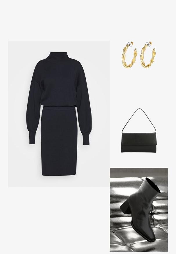 Robe en tricot bleu marine avec un col haut, des manches ballons longues et une silhouette ajustée. Texture douce avec des détails de poignets côtelés.; Botte noire à la cheville en matériau brillant avec un bout carré et un talon effilé, sur un fond argenté brillant et capitonné.; Sac bandoulière rectangulaire en cuir noir avec une longue bandoulière simple et une fermeture à rabat.; Boucles d'oreilles créoles dorées torsadées avec une surface lisse, présentant un dos transparent et une quincaillerie dorée.
