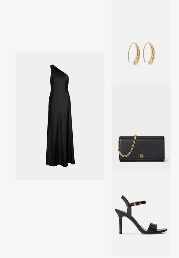 Sort satin en-shoulder gulvlængde aftenkjole med tætsiddende bodice og flydende nederdel.; Sorte højhælede sandaler med en glat læderoverdel, åben tå og et enkelt stropdesign med en guldspændeaccent.; Sort læderpung med en guld kædestrop, der har et guld logo foran. Minimalistisk design med en glat overflade og slank form.; Guldfarvede metal hoops øreringe med en bøjet, forlænget form. Har en glat, skinnende overflade og en afrundet spids for ekstra detalje.
