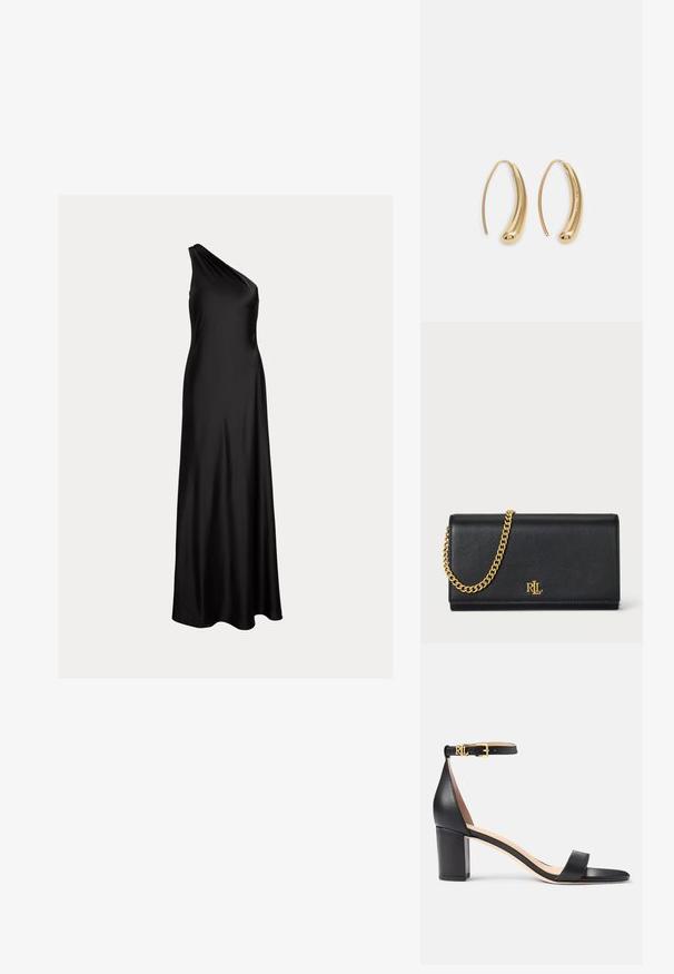 Čierne saténové večerné šaty na jedno rameno, dĺžka po zem s priliehavým živôtikom a splývavou sukňou.; Lauren Ralph Lauren LOGAN BURNISHED LEATHER SANDAL - Sandále - black; Čierna kožená peňaženka so zlatým reťazovým popruhom, s gold logom na prednej strane. Minimalistický dizajn s hladkou štruktúrou a štíhlym tvarom.; Náušnice vo forme zlatých kovových kruhov s zakriveným, predĺženým tvarom. Majú hladký, lesklý povrch a zaoblený koniec pre pridanie detailu.
