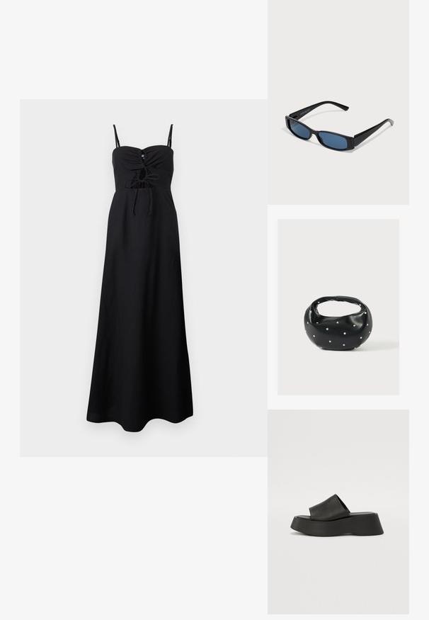 Schwarzes ärmelloses Maxikleid mit dünnen Trägern, geraffter Brustpartie und vorderem Bindemotiv im Mittelbereich.; Schwarze Plateausandalen mit einem breiten Riemen und einer klobigen Sohle. Aus glattem Material mit mattem Finish und ohne sichtbare Hardware gefertigt.; Schwarze Sonnenbrille mit einem eleganten rechteckigen Rahmen und blauen Gläsern. Besitzt eine glatte Oberfläche und robuste Scharniere. Markenlogo an der Seite.; Schwarze Lederhandtasche mit abgerundeter Form, verziert mit silbernen Nietenakzenten und kurzem Griff. Glatte Struktur und Reißverschlussverschluss.