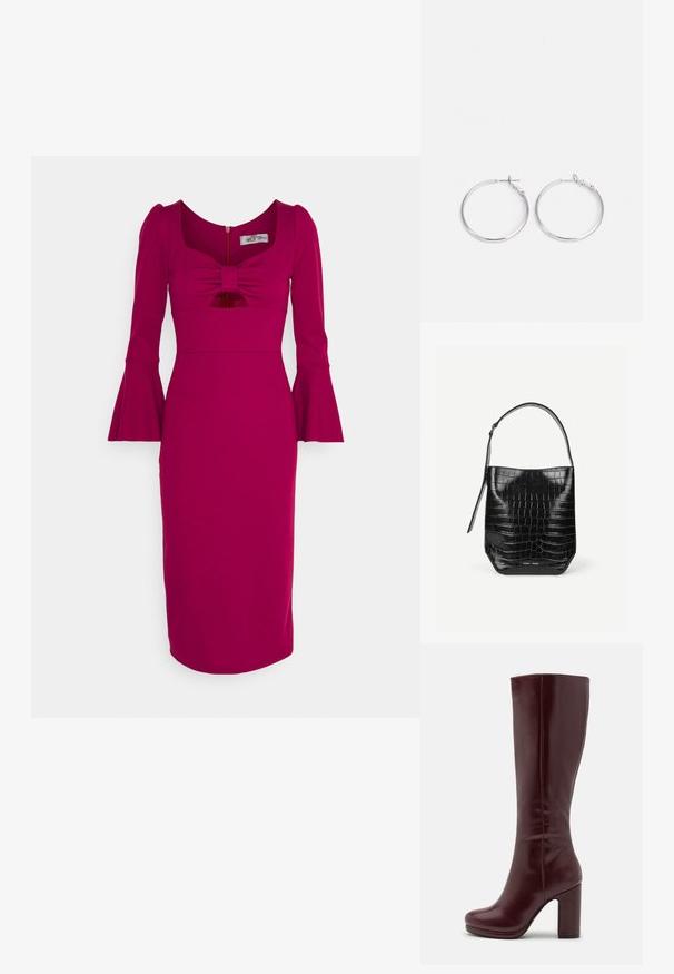 WAL G TALL MAVE FLARE - Jerseykjole - purple; Anna Field by Zalando Højhælede støvler - red; Sort spandtaske i krokodillepræget læder med enkelt skulderrem og lille sølvfarvet mærkelogo foran nederst i midten.; sweet deluxe EARRING - Øreringe - silver-coloured