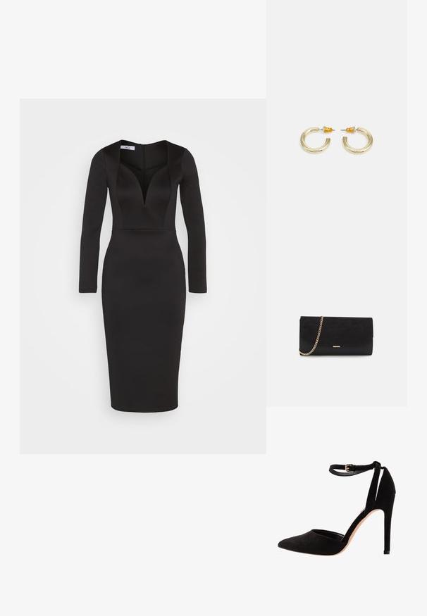 WAL G. ZANAD V NECK MIDI - Jerseykjole - black; Sorte ruskind højhælede sko med spids tå, ankelrem og stiletto hæl. Designet har en glat tekstur med minimal detaljer.; Sort clutch taske lavet af ruskind med en struktureret overflade, udstyret med en guld kædestrop og et elegant, kantet design.; Guldtonede hooop øreringe med en glat, rund form og en poleret finish. Har orange detaljer på bagsiden for sikker fastgørelse.