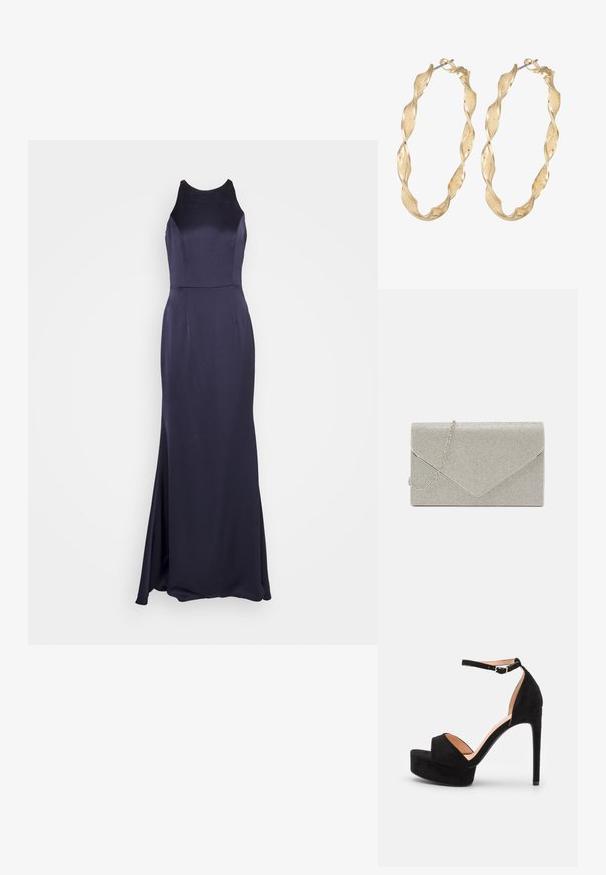 Jarlo Tall NOAH - Ballkleid - navy; Schwarze Wildleder-Peeptoe-Sandale mit hoch gelegener Plateausohle, Knöchelriemen mit silberner Hardware, offenem Zehenbereich und glatter Textur.; Metallisch silberne Clutch mit einem Umschlagdesign, verziert mit einem strukturierten Muster und ausgestattet mit einem abnehmbaren Kettenriemen.; Goldfarbene, gedrehte Ohrringe mit texturierter Oberfläche und einem sicheren Verschluss. Das Design zeigt wirbelnde Muster, die Tiefe erzeugen.