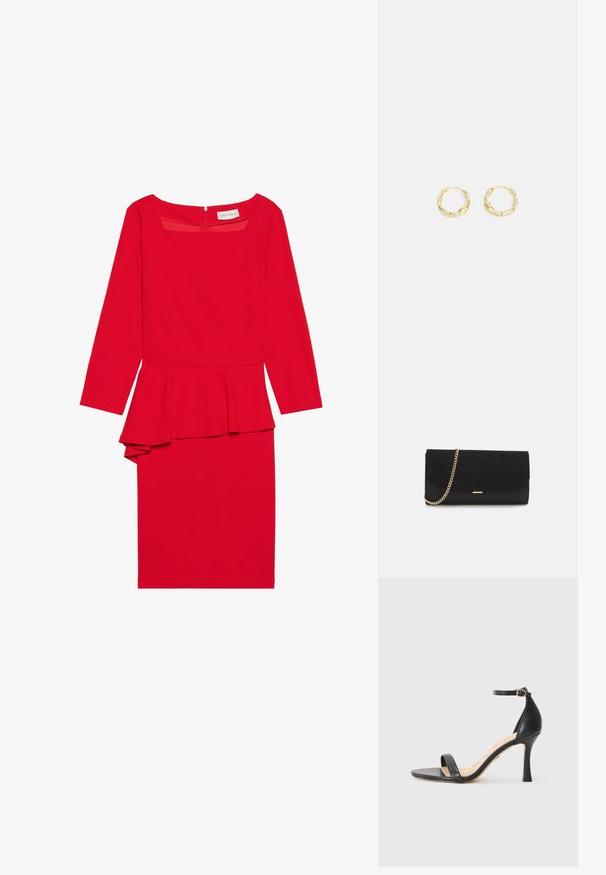 Robe péplum rouge avec manches longues, décolleté carré et silhouette ajustée. Fabriquée dans un tissu lisse avec un détail péplum superposé à la taille.; Sandale à talons hauts en cuir noir avec une fine bride de cheville, bout ouvert et un talon élégant et courbé. Semelle texturée et design minimaliste.; Porte-monnaie noir en daim avec une finition texturée, doté d'une chaîne dorée et d'un design épuré et angulaire.; Boucles d'oreilles en or en forme de créole avec une surface texturée et irrégulière. Présentent un design léger et une forme circulaire, adaptées à un port quotidien.