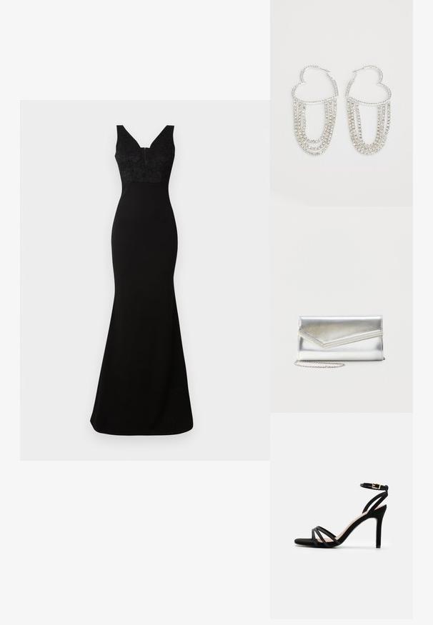 Sort kjole med en tætsiddende silhuet, blonde bodice, V-halsudskæring og lang, flydende nederdel. Fremstillet af glat stof med en kontrasterende tekstur.; Anna Field Sandaler - black; Skinnende sølv clutch taske med kuvertlåg og dekorativ kant, lille sølvkæde, på ensartet lys baggrund.; Sølv hoops i hjerteform, prydet med hængende strenge af klare rhinsten for ekstra glans og struktur.