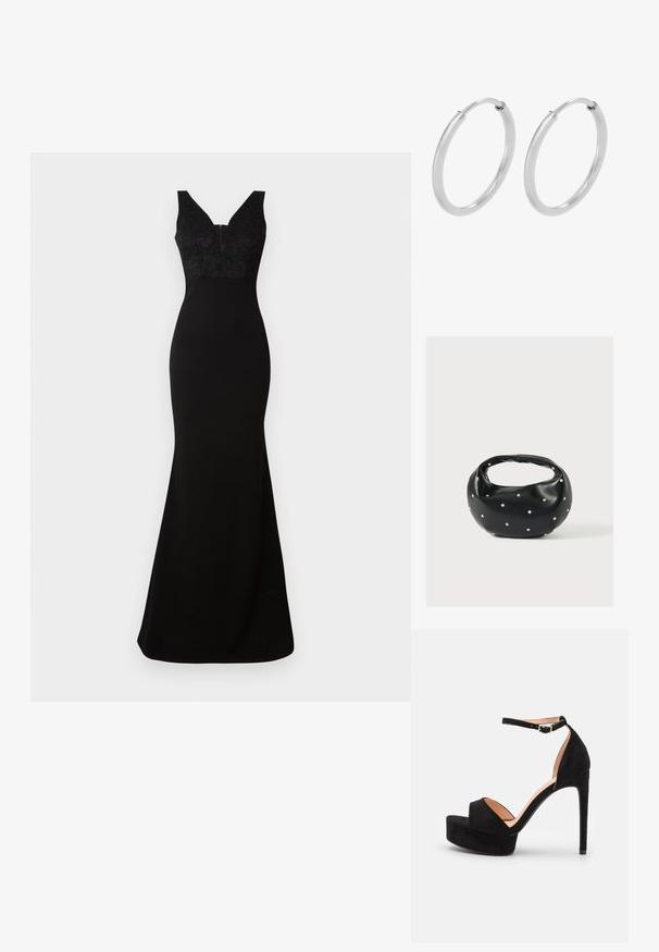 Schwarzes Kleid mit einer taillierten Silhouette, Spitzenoberteil, V-Ausschnitt und langem, fließendem Rock. Aus glattem Stoff mit kontrastierender Textur gefertigt.; Schwarze Wildleder-Peeptoe-Sandale mit hoch gelegener Plateausohle, Knöchelriemen mit silberner Hardware, offenem Zehenbereich und glatter Textur.; Schwarze Lederhandtasche mit abgerundeter Form, verziert mit silbernen Nietenakzenten und kurzem Griff. Glatte Struktur und Reißverschlussverschluss.; Silberne Creolen, kreisförmig, mit glatter, glänzender Oberfläche und gleichbleibender Breite. Minimalistisches Design ohne zusätzliche Akzente.