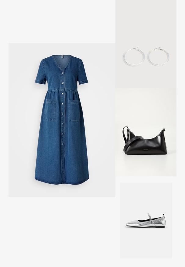 Vestido de denim con escote en V, mangas cortas, botones en la parte delantera, cintura ajustada y dos bolsillos frontales. Color azul profundo con una textura suave.; Bailarinas metálicas plateadas con punta afilada, correa en el tobillo con hebilla ajustable, superficie texturizada y suela negra minimalista.; Bolso de mano de cuero negro con una textura suave. Cuenta con una correa ajustable y un diseño elegante y minimalista con cierre de cremallera.; Pareja de pendientes de aro plateados brillantes con cierres de alambre delgado, mostrados sobre un fondo gris claro.