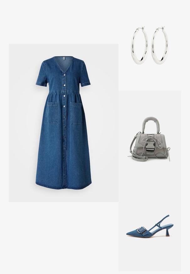 Denimkleit V-kaelusega, lühikeste varrukatega, nööpidega ees, kitseneva taljega ja kahe esime taskuga. Sügavalt sinine värv ja sile tekstuur.; Denim slingback-kontsad, millel on terav nina, reguleeritav pannal ja läikiv sinine konts. Sile tekstuur koos heleda sinise sisetallaga.; Hallitusseened tekstuuriga hall käekott, millel on pehme käepide, võrka mustrid, reguleeritav rihm ja eesmine klamber. Kompaktne disain ümmarguse kujuga.; Hõbedased rõngaskõrvarõngad siledast ja läikivast viimistlusest. Ringikujuline, sisaldab kindlat kinnitust. Lihtne ja elegantne disain.