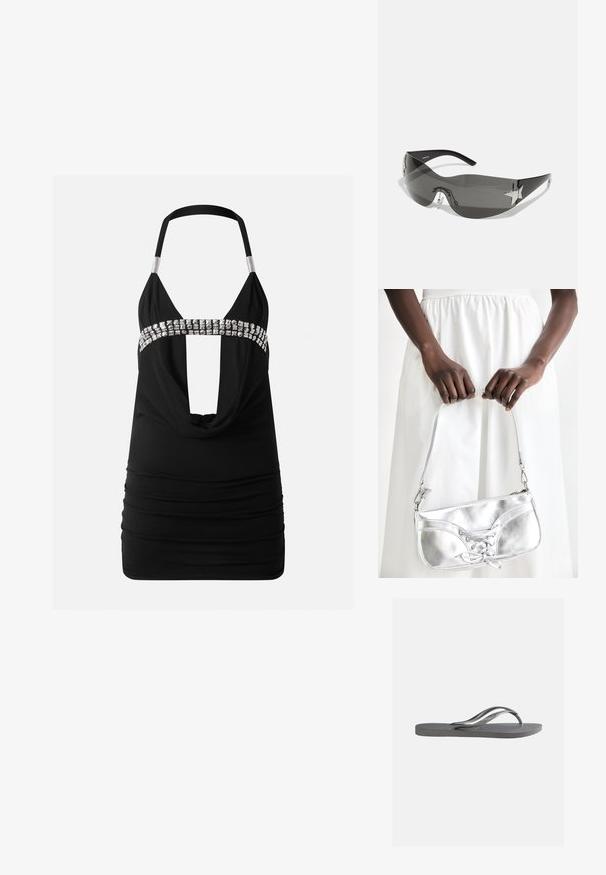 Mini vestido negro tipo halter con profundo escote delantero y adornos plateados a lo largo de la banda del busto.; Sandalia plana gris con plantilla texturizada y finas correas en forma de Y, mostrada de lado sobre un fondo claro y liso.; Gafas de sol negras con diseño envolvente, lentes oscuros, acentos brillantes en forma de estrella y almohadillas nasales ajustables.; Bolso metálico plateado con detalle de cordones, que presenta un diseño elegante y una correa corta. El bolso está sostenido con las manos, mostrando su textura.
