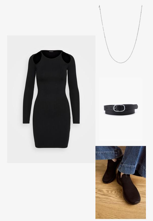Even&Odd Jerseykleid - black; Schwarze Slipper mit einem strukturierten Strickobermaterial und elastischem Eingangsbereich. Abgerundete Zehenform und profilierte, gepolsterte Sohle, getragen mit einem Denim-Saum.; Silberne Kettenhalskette mit abwechselnd flachen rechteckigen und runden Gliedern, mit einem eleganten, polierten Finish und glatter Textur.; Schwarzer Leder Gürtel mit glatter Textur, ovaler silberner Metallschnalle und mehreren Einstelllöchern entlang des Riemens. Flaches, minimalistisches Design.