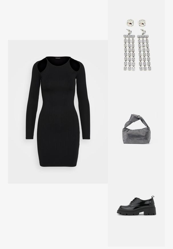 Even&Odd by Zalando Φόρεμα από ζέρσεϊ - black; Μαύρα παπούτσια από πατέντα δέρμα με χοντρή σόλα πλατφόρμας και παχιά κορδόνια. Στρογγυλή μύτη, ελάχιστες λεπτομέρειες και μια μικρή θηλιά στο πίσω μέρος.; Μαύρη και ασημένια τσάντα χειρός με υφασμάτινη επιφάνεια που διαθέτει διαμαντένιο σχέδιο, κόμπο στη λαβή και δομημένο σχήμα.; Κρυστάλλινα σκουλαρίκια με ασημένια λεπτομέρεια, που διαθέτουν τετράγωνη σφαίρα και πτώσεις με διαδοχικές σειρές ορθογώνιων και οκταγωνικών κρυστάλλων.