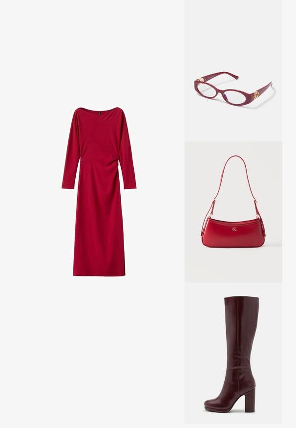 Rød midi-kjole med lange ærmer, bådudskæring og diskret rynkning i siden på ensfarvet hvid baggrund.; Anna Field by Zalando Højhælede støvler - red; Røde plastikbriller med ovalt stel og klare linser. Har guldfarvede hardware-detaljer på stængerne og et slankt moderne design.; Rødt læder skuldertaske med gyldent "cK" logoemblem og justerbar rem mod en ensfarvet lys baggrund.