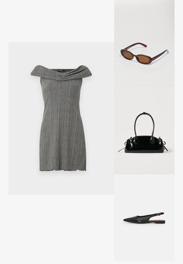 Graues, schulterfreies Kleid mit vertikal gerippter Textur, das über einen breiten, gefalteten Ausschnitt und einen gewellten Saum verfügt.; Schwarzer Leder Slingback-Schuh mit spitzer Zehenform, subtiler Glanz und verstellbarem Knöchelriemen. Flacher Absatz mit einer braunen Innensohle.; Runde, braun getönte Sonnenbrillen mit einem glänzenden burgunderfarbenen Rahmen. Schlanke Bügel mit dezentem Branding. Flaches Linsendesign.; Kleine schwarze glänzende Handtasche mit zwei langen Griffen und seitlichen Kordelzug-Details vor einfachem hellem Hintergrund.