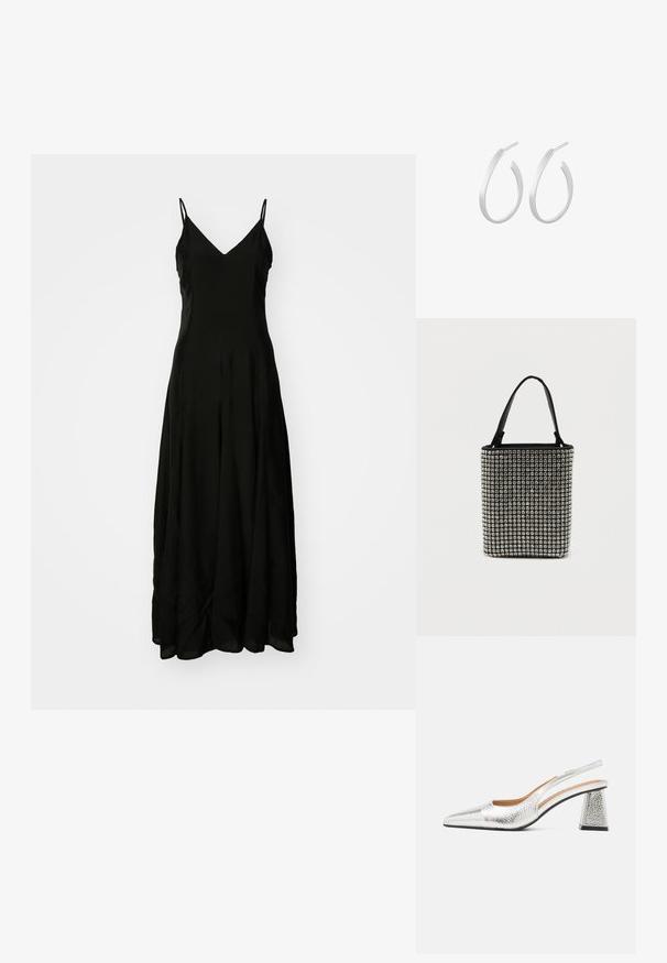 Robe maxi noire avec des bretelles spaghetti, décolleté en V, silhouette fluide, texture lisse et détail drapé subtil à l'ourlet.; Pompe argentée à talon slingback avec un bout pointu, une finition métallique texturée et un talon bloc triangulaire. L'intérieur présente des détails en cuir marron.; Sac à main noir recouvert de clous en argent rectangulaires, doté de deux poignées noires et d'une forme rectangulaire structurée. Base solide.; Paire de boucles d'oreilles créoles de taille moyenne en finition argentée, avec une surface lisse et des tiges droites pour oreilles percées.