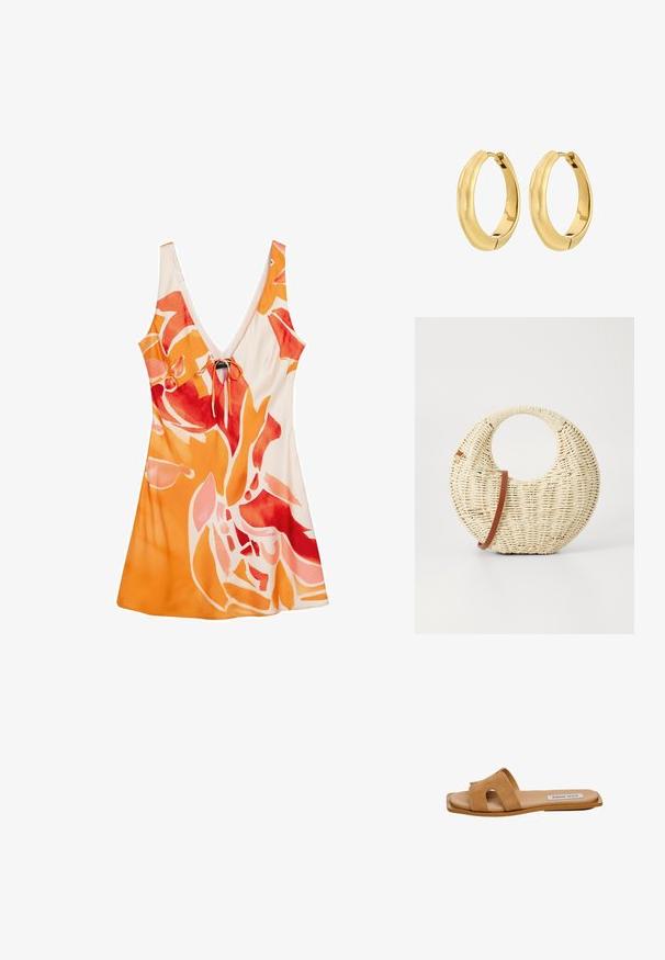 Vestido sin mangas con escote en V, con un patrón floral abstracto en tonos naranja, rojo y rosa, y un pequeño lazo frontal sobre un fondo blanco.; Sandalia plana de ante en tono marrón claro con dos tiras anchas que presentan detalles troquelados, suela plana y un sutil logotipo en la plantilla.; Bolso redondo trenzado en paja natural con un acabado texturizado. Presenta una correa de cuero marrón suave y un asa circular.; Pendientes de aro de oro con un diseño suave y redondeado y un acabado pulido, que cuentan con un cierre de gancho seguro. El tamaño es mediano.