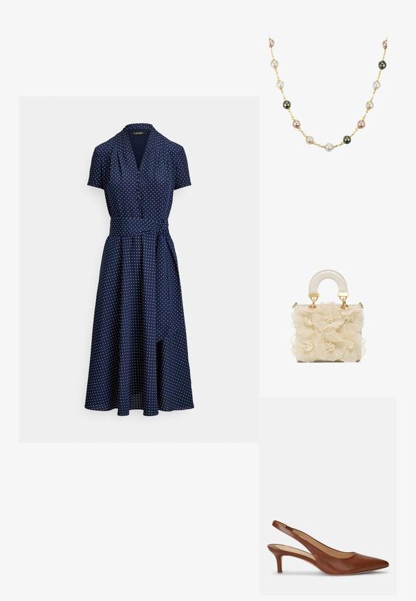 Marineblaues Midikleid mit kurzen Ärmeln, weißen Punkten, Knopfleiste vorne und passendem Stoffgürtel, der in der Taille gebunden ist.; Brauner Leder-Damenslingback mit spitzer Schuhspitze und niedrigem Kittenabsatz auf weißem Hintergrund.; Cremefarbene Handtasche mit einem gebogenen Griff und sechs großen, durchsichtigen Blumenapplikationen, die die Vorderseite bedecken.; Goldene Kettenhalskette mit runden Perlen in Weiß, Rosa und Schwarz, die abwechselnde Per Größene und eine glatte Textur aufweisen.