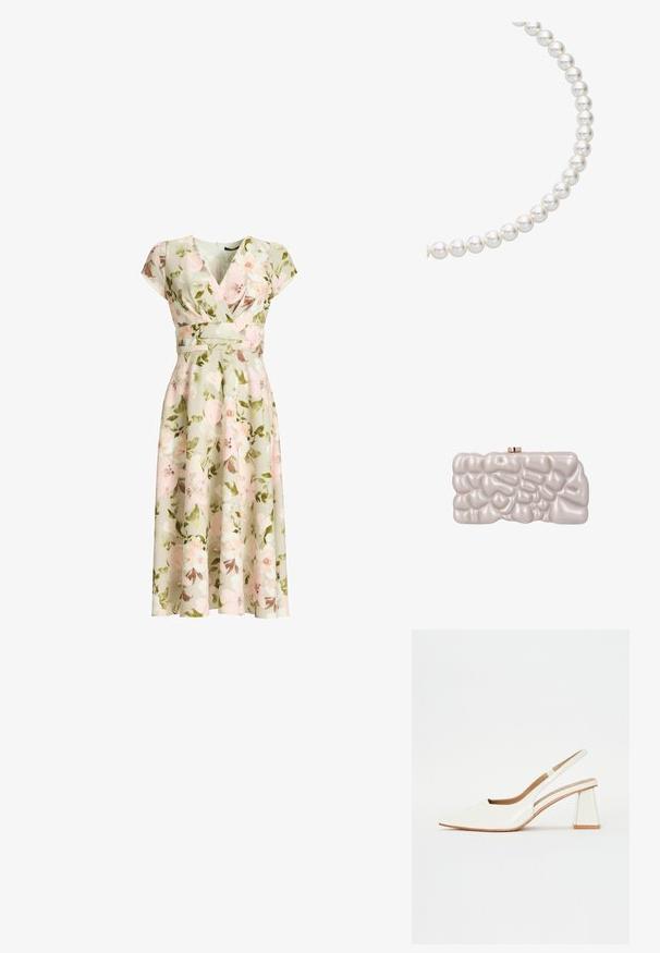 Groene bloemige wikkeljurk met kapmouwen, getailleerde taille en A-lijn midi-rok met roze en witte bloemen en groene bladeren.; Witte patenten leren slingback schoen met een spitse neus en een geometrische blokhak. Het interieur heeft een tan kleurige inlegzool en minimale zijsnedes.; Crèmekleurige clutch met een glanzend, onregelmatig, bubbelachtig getextureerd oppervlak en een kleine goudkleurige sluiting bovenop.; Parelketting met ronde, glanzende witte parels die aan elkaar zijn geregen, met een gladde oppervlakte en consistente sferische vorm.
