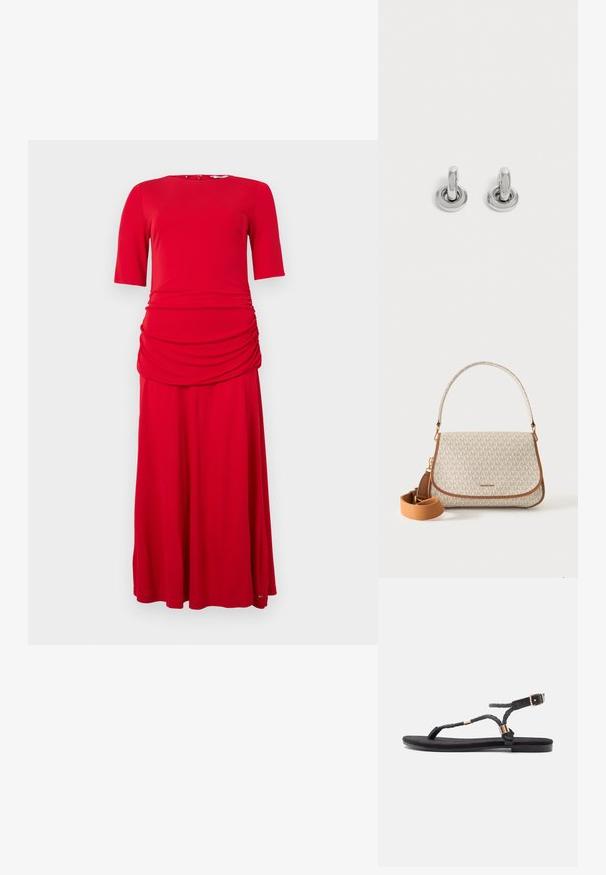 Rotes Kleid mit rundem Ausschnitt und kurzen Ärmeln. Verfügt über Raffung an der Taille und einen fließenden Rock. Hergestellt aus glattem Material.; Schwarze flache Sandalen mit geflochtenen Riemen und metallischem Akzent. Verfügt über eine verstellbare Schnalle und eine flache Gummisohle für Komfort.; Creme- und braune Michael Kors Handtasche mit „MK“-Muster, oberem Griff und abnehmbarem breitem braunem Schulterriemen vor weißem Hintergrund.; Paar kleine, glänzende silberne Creolen mit rundem Sockel, auf einfachem hellem Hintergrund präsentiert.