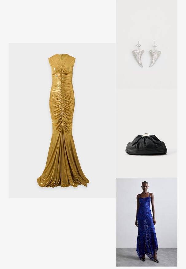 Goldfarbenes, ärmelloses, gerafftes Abendkleid mit hohem Kragen und langem, fließendem Meerjungfrauenrock.; Maxikleid im blauen und lila Tiermuster mit dünnen Trägern, einem taillierten Oberteil, ausgestelltem Saum und transparenten Überlagerungen.; Schwarze Leder-Clutch mit geraffter Textur, Metallverschluss und dezentem, auf der Vorderseite geprägtem Logo. Abgerundete Form.; Silberne, hornförmige Ohrringe, besetzt mit kleinen klaren Steinen, mit einem Steckverschluss zur Befestigung. Glatte Textur und metallisches Finish.