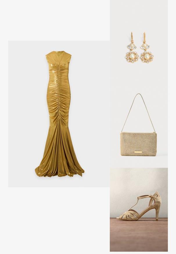 Robe de soirée métallisée dorée sans manches avec fronces, col haut et longue jupe fluide style sirène.; Sandale à talons hauts dorée avec des lanières, design en T, bandes frontales tressées étroites et un talon fin. Fini métallique lisse et boucle à la cheville.; Pochette dorée de forme rectangulaire, recouverte de strass argentés brillants. Dotée d'une fine bandoulière métallique et d'une fermeture éclair.; Boucles d'oreilles pendantes dorées avec perles centrales, pétales en cristal clair et petits cristaux formant un motif floral sur un fond uni clair.