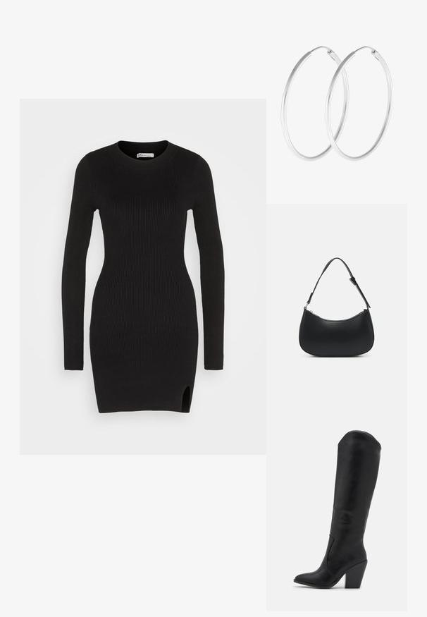 Hollister Co. CHAIN BODYCON SWEATER DRESS - Strickkleid - black; RAID LAKELYN - High Heel Stiefel - black; Pieces PCALUANA SHOULDER BAG - Handtasche - black; Silberfarbene Creolen mit einer glatten, runden Form und einer polierten Oberfläche. Beide Ohrringe haben die gleiche Größe und verfügen über einen sicheren Verschlussmechanismus.