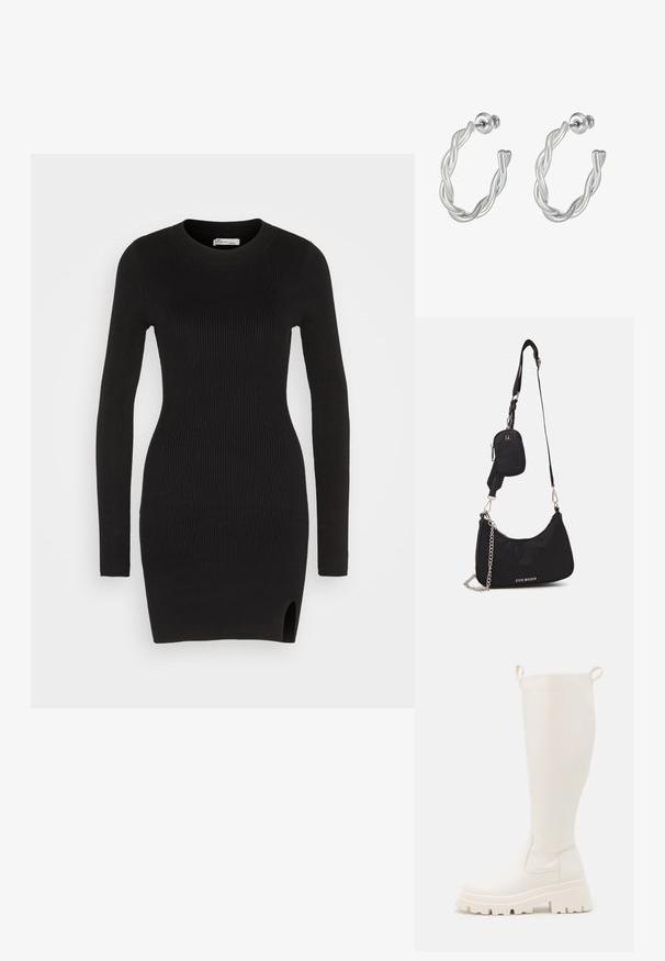 Hollister Co. CHAIN BODYCON SWEATER DRESS - Strikkjoler - black; Knælange hvide gummistøvler med en solid sål og elastiske paneler på siden. Har træksløjfer øverst for nemmere påklædning. Glat overflade.; Sort nylon skuldertaske med en buet form, sølvfarvet kædeaccent, aftagelig mini-pung og justerbar rem; prydet med "Steve Madden" logo.; Snoede sølv hoop øreringe med en glat finish og post-back lukning, der viser et moderne, sammenflettet design.