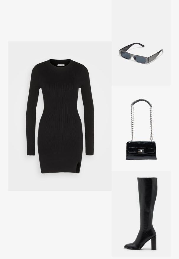 Hollister Co. CHAIN BODYCON SWEATER DRESS - Strikkjoler - black; Knæhøje sorte læderstøvler med spids tå og kraftig hæl. Glat tekstur med minimale detaljer og et tætsiddende skaftdesign.; Sorte solbriller med grå linser, der har et gittermønster af små metalliske rhinsten langs stellet. Glat overflade, kantede design.; Sort håndtaske i krokodilletekstureret læder med sølvfarvet drejelås og lang sølvkæde med læder skulderpude.