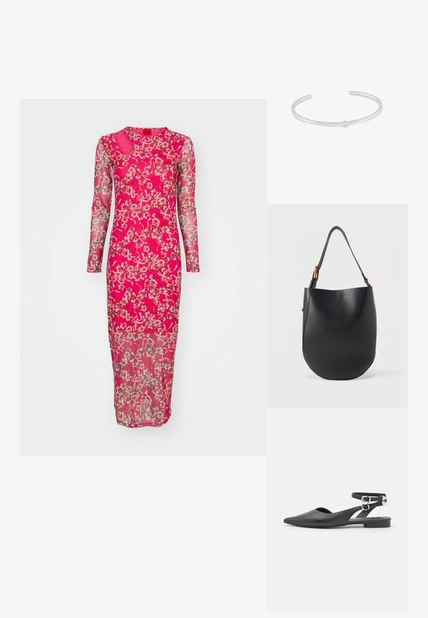 Langes, transparentes pinkes Kleid mit Blumenmuster. Verfügt über lange Ärmel, hohen Kragen und einen seitlichen Ausschnitt. Fließender Stoff mit schlanker Passform.; Schwarze Lederflats mit spitzem Zeh, Knöchelriemen und Schnallen-Detail. Verfügt über einen kleinen, niedrigen Absatz und ein offenes Seitendesign.; Schwarze Leder-Bucket-Bag mit breitem, verstellbarem Schulterriemen und goldfarbenen Schnallenakzenten vor einem schlichten weißen Hintergrund.; Dünnes, silbernes offenes Manschettenarmband mit einem kleinen, runden, klaren Edelstein in der Mitte des Bandes.
