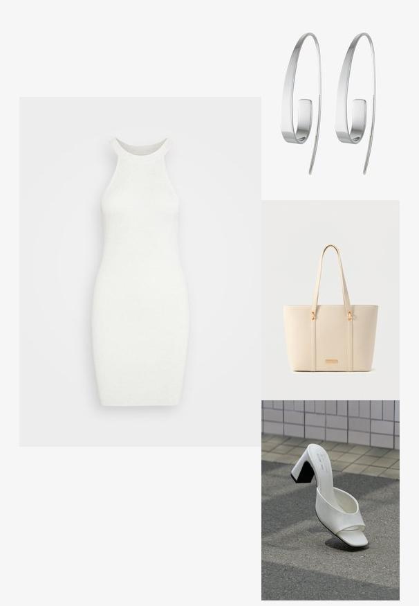 Samsøe Samsøe ASHLI DRESS - Robe pull - nimbus melange; Une mule blanche à bout ouvert avec talon bloc posée sur un bitume gris devant un mur carrelé.; Sac fourre-tout texturé couleur crème, avec longues anses et détails métalliques dorés sur un fond neutre.; Boucles d'oreilles en argent avec un design allongé et épuré. Fabriquées en métal poli, présentant une texture lisse et un style minimaliste.