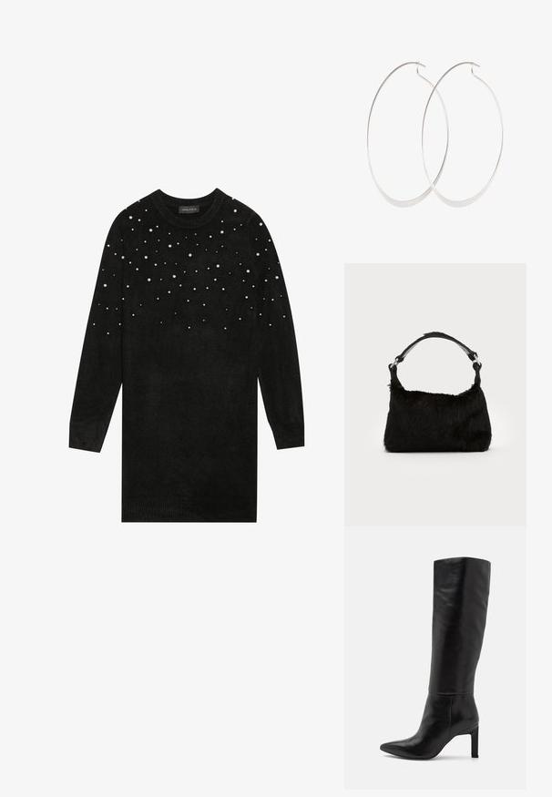 Schwarzer Pullover mit langen Ärmeln, Rundhalsausschnitt und Perlenverzierungen, die über den oberen Teil verteilt sind. Weicher Stoff, gerippte Bündchen und Saum.; Knöchelhohe schwarze Leder-Stiletto-Stiefel mit spitzer Zehe und glatter Oberfläche. Der Blockabsatz sorgt für Stabilität im Design.; Schwarze Kunstfell-Handtasche mit weicher Textur, runder Form und einem stabilen schwarzen Leder-Schulterriemen. Sichtbare silberne Hardware-Akzente.; Silberne Creolen mit einem dünnen, glatten Design; länglich-ovale Form; polierte Oberfläche; ausgestattet mit einem sicheren Hakenverschluss.