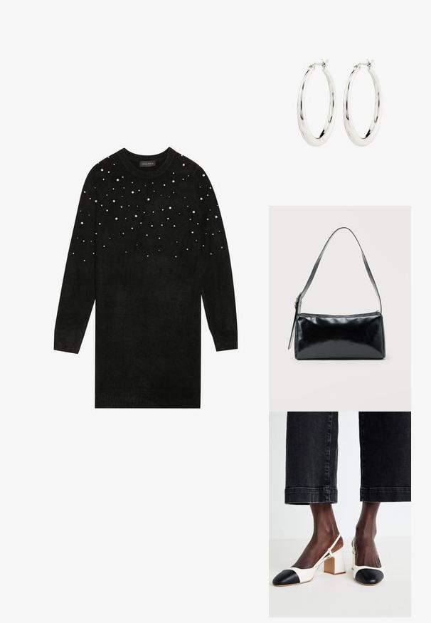 Suéter negro de manga larga, con cuello redondo y adornos de perlas esparcidos por la parte superior. Textura suave, con puños y dobladillo acanalados.; Zapatos slingback de tacón bloque en blanco y negro con punta afilada, material de cuero suave y detalles en color contrastante en la puntera.; Bolso de hombro rectangular negro con una correa ajustable y un cierre de cremallera superior sobre un fondo liso.; Pendientes de aro de plata con un acabado suave y brillante. Forma circular, con un cierre seguro. Diseño sencillo y elegante.
