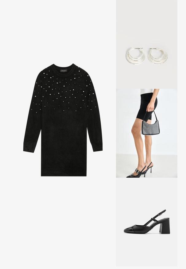 Sort sweater med lange ærmer, rund hals og perleudsmykninger spredt over den øverste del. Blød tekstur, ribbede manchetter og kant.; Sorte patentlæder slingback hæle med spids tå, blokhæl og justerbar rem. Glat tekstur og minimalistisk design.; Sort perlehandtaske med en buet silhuet, bærehåndtag og blank overflade. Båret med højhælede sorte sko og tætsiddende sorte shorts.; Sølv hoop øreringe med tre lagdelte halvcirkelformede bånd, hvoraf det ene er udsmykket med små klare krystaller på en lys baggrund.