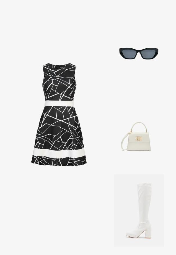 Robe sans manches noire avec un motif géométrique blanc et une ceinture blanche contrastante à la taille. Tissu lisse et design de jupe évasée.; RAID CANNON - Bottes à plateau - white; Lunettes de soleil noires style œil de chat avec des montures épaisses et des verres teintés foncés, présentées sur fond blanc.; Petit sac à main blanc avec poignée supérieure, bandoulière amovible et fermoir rectangulaire doré sur la rabat avant.