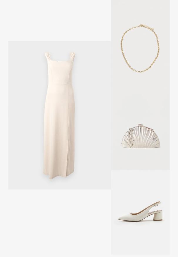 Vestido largo sin mangas de color beige con escote cuadrado y tirantes fruncidos en los hombros, con un tejido sutilmente texturizado y una apertura lateral.; Zapato de tacón destalonado de cuero blanco con punta afilada, tacón bloque de altura media y correa ajustable. Textura suave; diseño minimalista.; Bolso de mano plateado metálico con forma de concha marina y una correa de cadena plateada colgada a un lado.; Fina cadena dorada con eslabones ovalados y cierre ajustable, dispuesta en círculo sobre un fondo blanco liso.