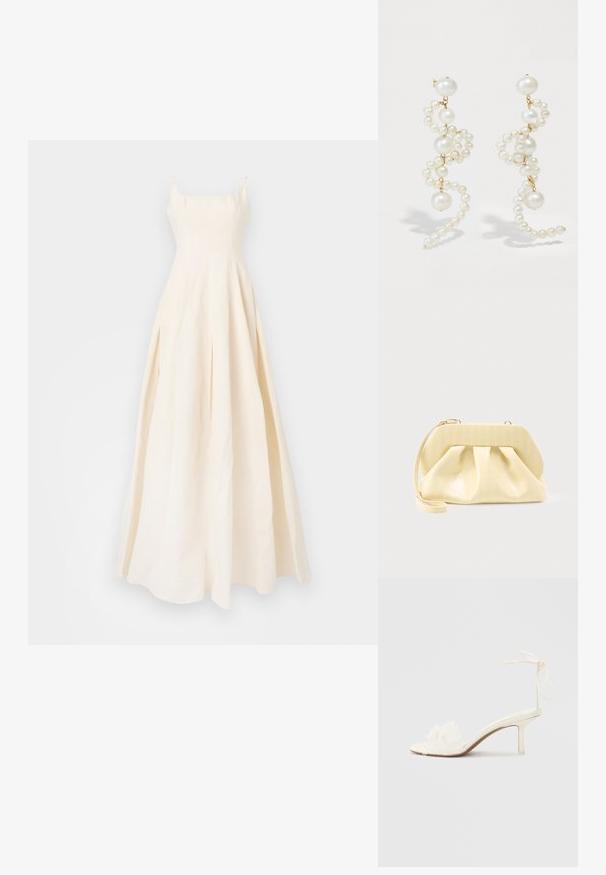 Robe longue sans manches de couleur crème avec corsage ajusté et jupe plissée fluide sur fond blanc.; Sandale blanche à talon haut avec lien à la cheville et détail floral en dentelle à l'avant sur un fond clair uni.; Pochette en cuir couleur crème avec un cadre supérieur structuré et une lanière pour poignet, présentée sur un fond clair uni.; Boucles d'oreilles en perles blanches avec un design torsadé, mettant en valeur des perles de tailles variées et des accents dorés. Texture lisse et forme élégante.