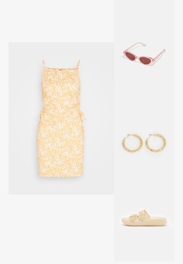 Pieces PCHYLMU DRAWSTRING MINI DRESS - Vestido de tubo - golden yellow; Sandalia beige tipo slip-on con parte superior texturizada, correas ajustables con hebilla y una suela gruesa y acolchada. Diseño liviano adecuado para uso casual.; Gafas de sol transparentes rosas con lentes ovalados, tinte rojo oscuro y varillas delgadas, con un acabado suave y detalles sutiles en la montura.; Pendientes de aro dorados con una superficie texturizada y pequeños acentos redondeados. Diseño circular y cierre de tipo post-back.